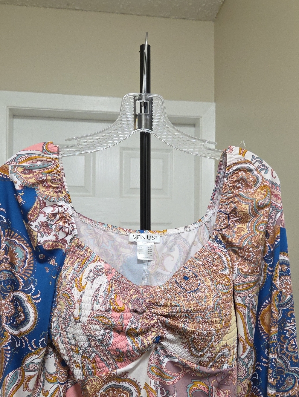 VENUS Paisley Smocked Peplum Blouse Blue Pink Gold Boho Cottagecore Romantic Top - Picture 3 of 9